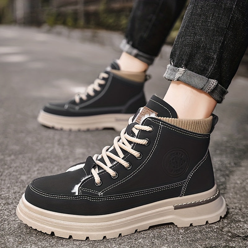 Men's Winter Snow Boots with -Like Collar & Thick Ankle - Upper, PVC Traction Tread, Lace-Up Ankle-High Trekking Boots for Ice, Snow, Hiking, - Warm Outdoor & Casual