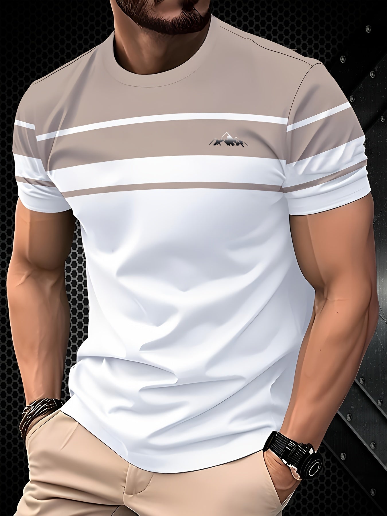 Men's Minimalist Modern T-Shirt - Lightweight Breathable Fabric Crew Neck Tee in White Beige - Everyday Casual Formal Summer Shirt - Machine Washable Everyday Essential, Horizontal Stripe Design, Smooth Texture Fabric