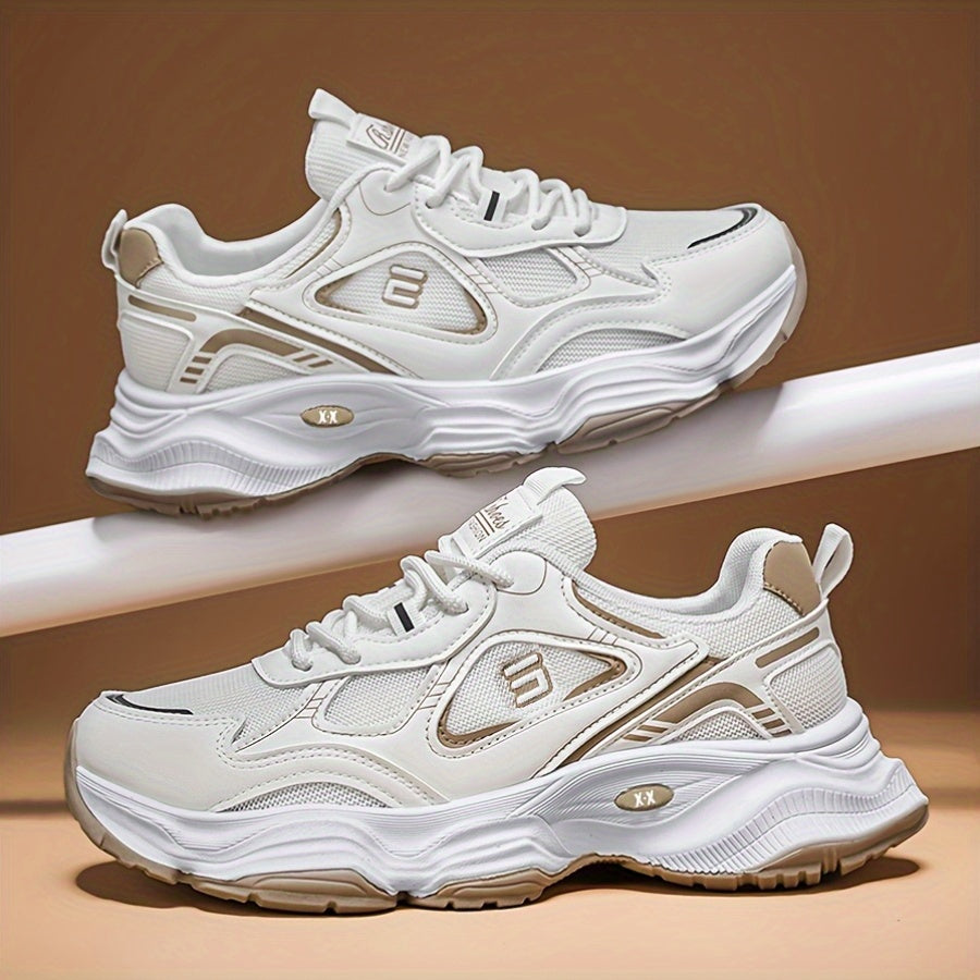 Men'S 2025 New Fashionable Low-Top Sneakers with Thick Sole - Non-Slip, Outdoor Casual Shoes for Teenagers and Young Adults, White and Golden Accents, All-Season Comfort, Casual Footwear Modern Sneaker Design Rubber Base