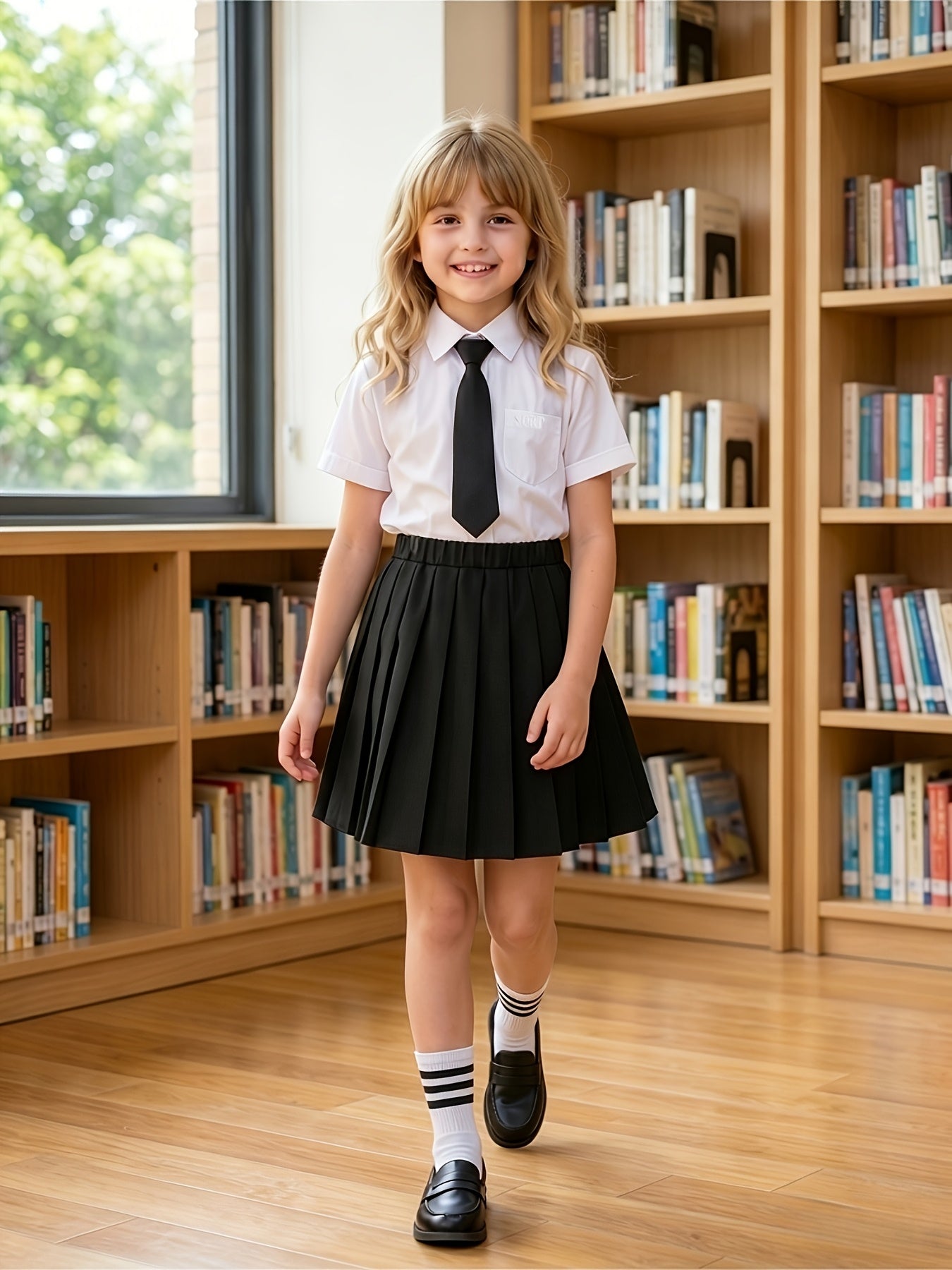 Girls' Summer Preppy Uniform Set with Pleated Skirt and Short Sleeve S