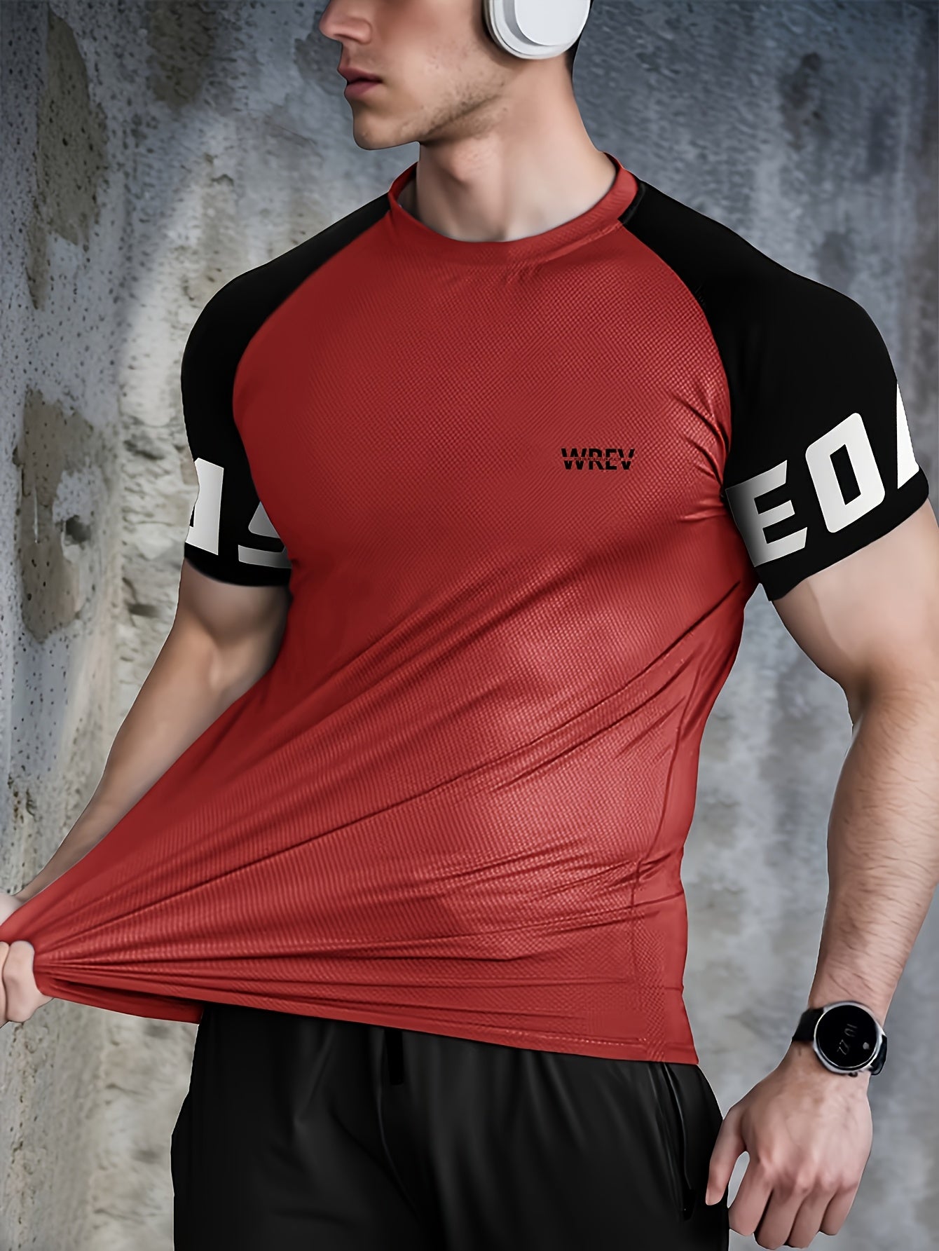 Men's Quick-Dry Breathable Mesh Sports T-Shirt - Summer Gym Workout Top with Contrast Black White Sleeves for Man Letter Print, Slim Fit for Running Training Casual Wear, Breathable Running Gear Sporty Casual Tee Mesh