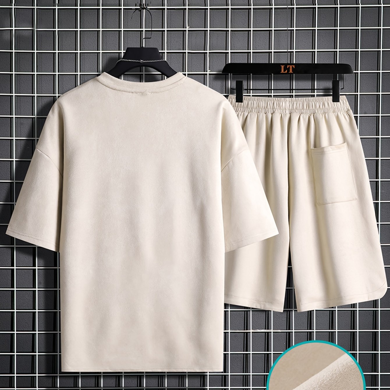 Two-piece Men's summer short-sleeve set, round-neck T-shirt, high-end solid color, half-sleeve, open-back hair clip, thin-fit shorts