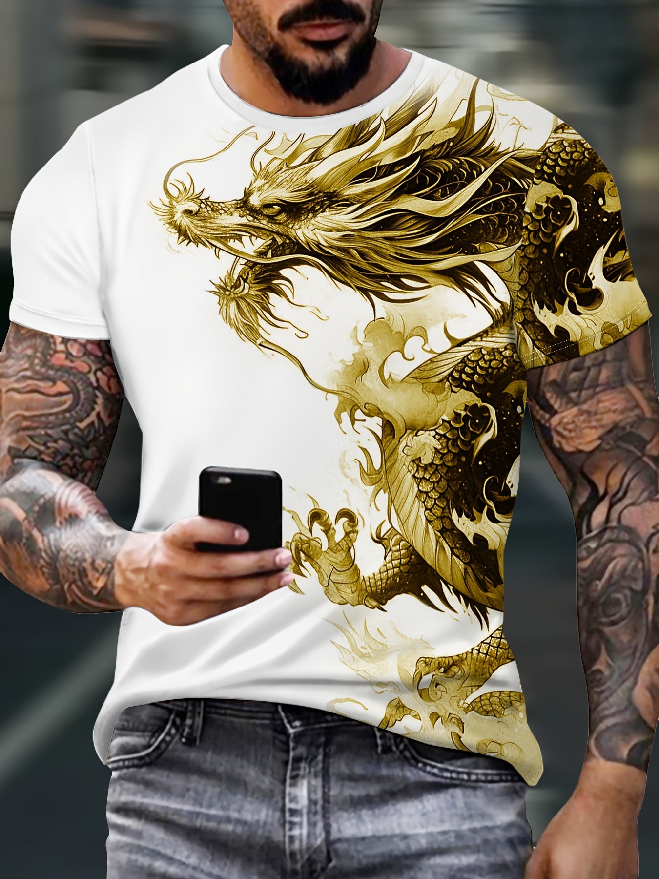 Men's Bold Dragon Graphic Tee - Short Sleeve, Crew Neck, Polyester Blend - Perfect for Summer Outings Casual Wear