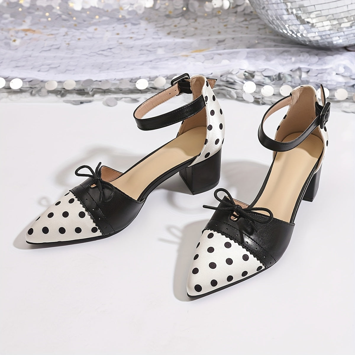 Women'S Sexy Polka Dot Mary Jane Pumps with Bow Detail - Pointed Toe, Block Heel, Ankle Strap, Summer Fashion Show Shoes, Hollow Design, Synthetic Cover Rubber Sole, Summer Fashion Shoes Polka Dot Pattern Rubber Sole Fo