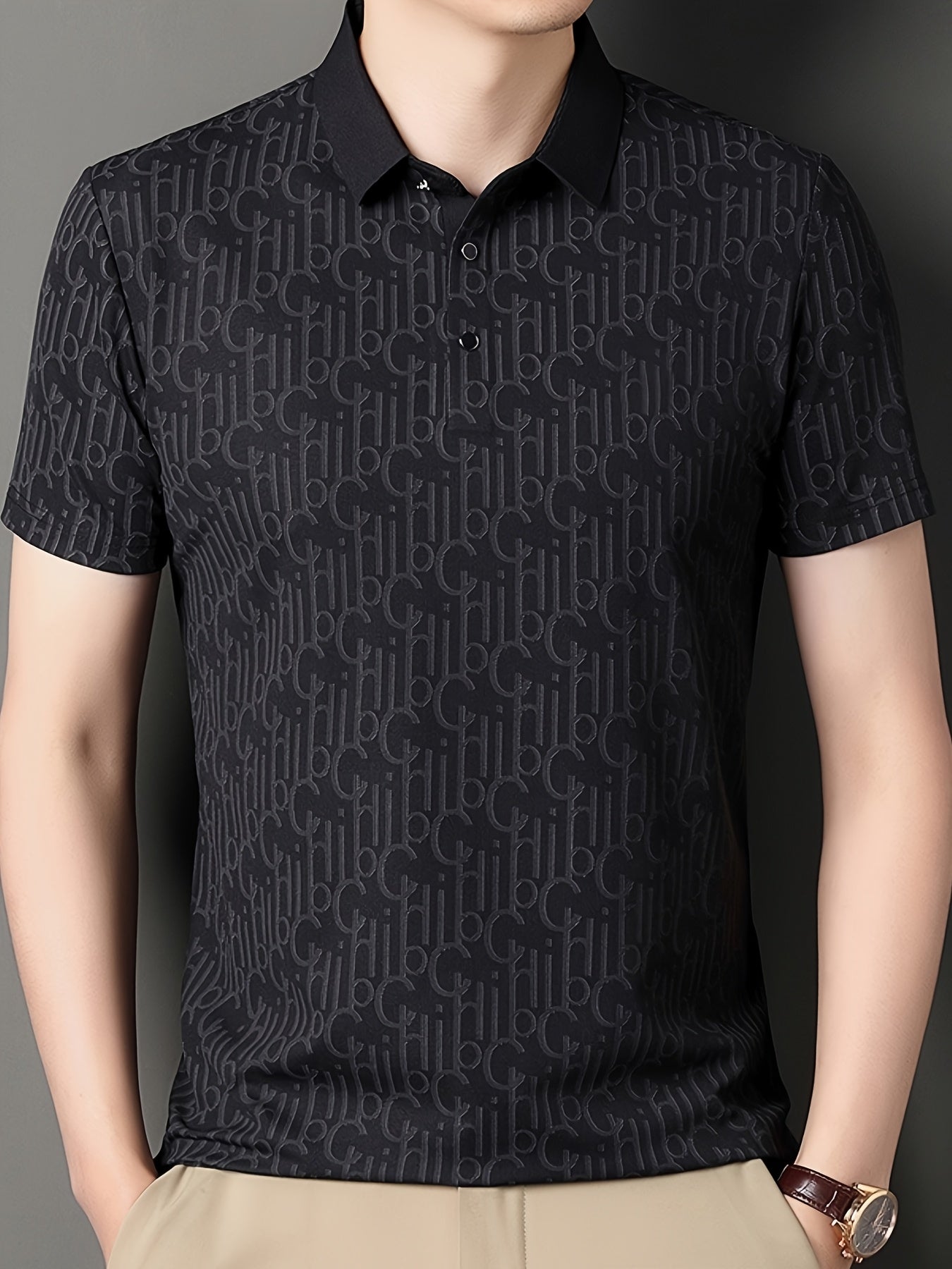 Men'S Casual Summer Short Sleeve T-Shirt with "Gil" Letter Print, Light Gray, Button-Up Collar, Medium Stretch Fabric, Regular Fit, Perfect for Weekend Outings, Relaxed Outing Shirt Letter Print Tee Medium Stretch Fabric