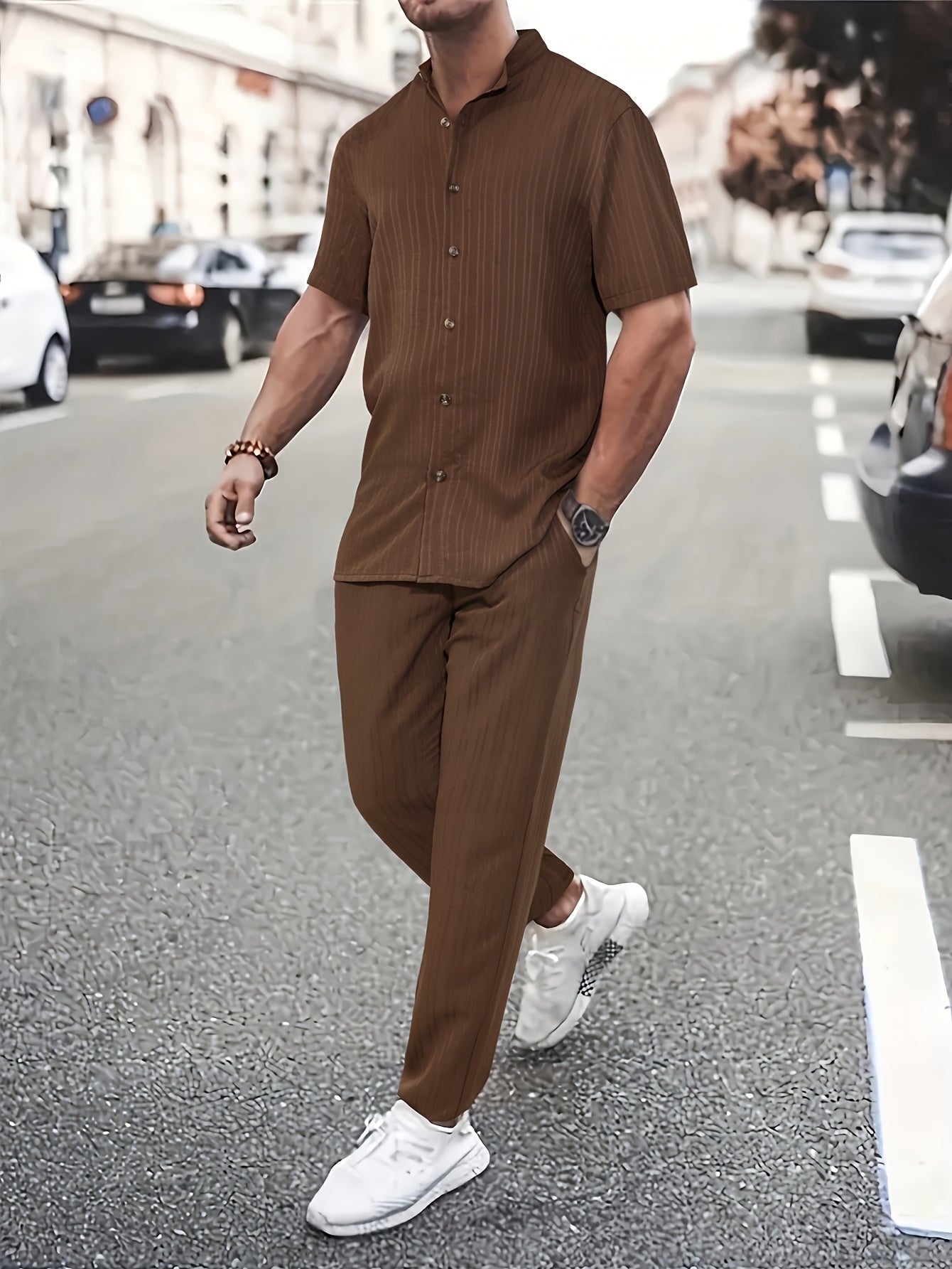 Men's New Trendy Textured Wave Stripe Short Sleeve Long Pants Casual Suit