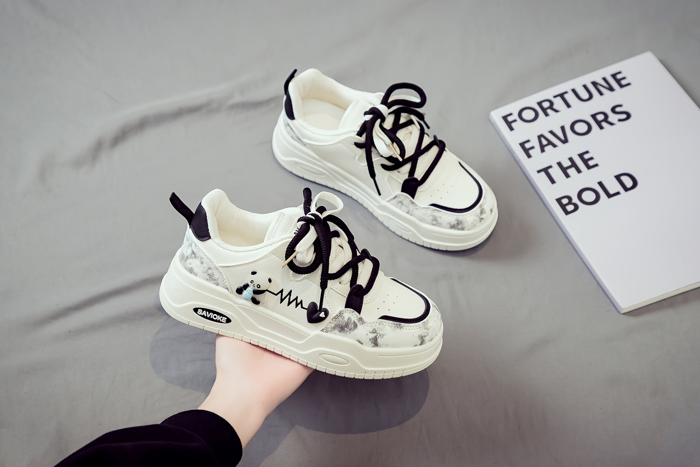 Women's White Mid-Top Sneakers with Bear Heart Stripes Design - PU Cover Upper, Thick Cushioned PVC Sole - Trendy Casual Shoes for All-Season Comfort