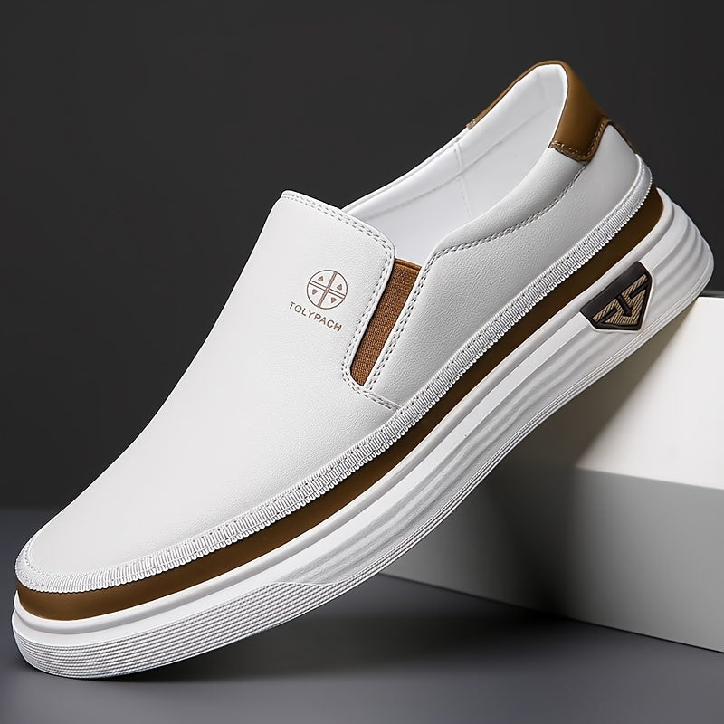 Men's Stylish Slip-On Loafers - Soft Upper, Non-Slip Rubber Sole, White with Brown & Golden Accents, Comfortable for Everyday Casual Wear, Vacation Shoes | Decorative Stitching | Synthetic Shoes, Dressy Shoes