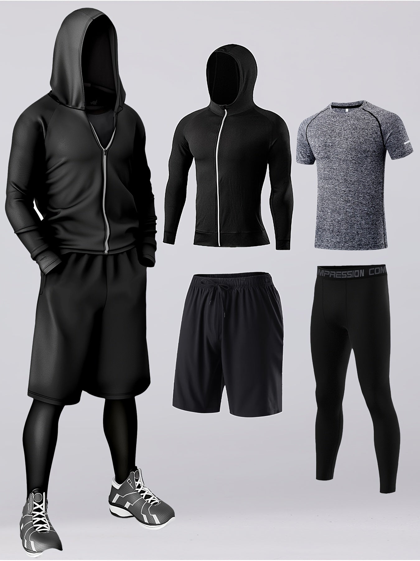 4pcs Athletic Sportswear Set, Polyester 95% Elastane 5% Knit Fabric, All-Season Crew Neck Hoodie, Skinny Fit Solid Color, Breathable Quick-Dry for Running, Fitness, Cycling & Outdoor Activities