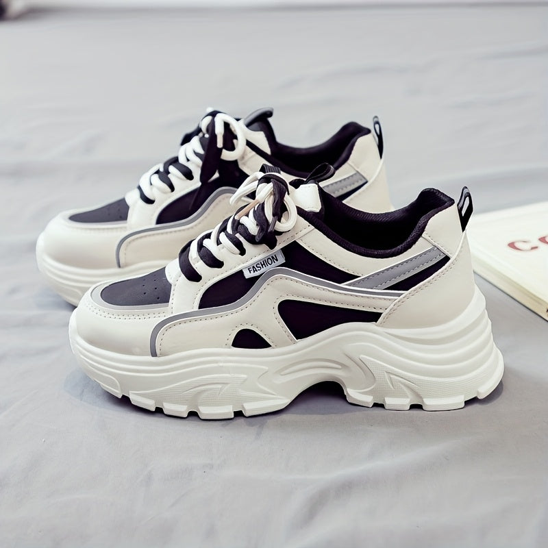 Women's Trendy Chunky Sneakers - Breathable Lace-Up Dad Shoes with Thick PVC Sole, White Beige Two-Tone Design, Versatile Low-Top Style for Casual Attire