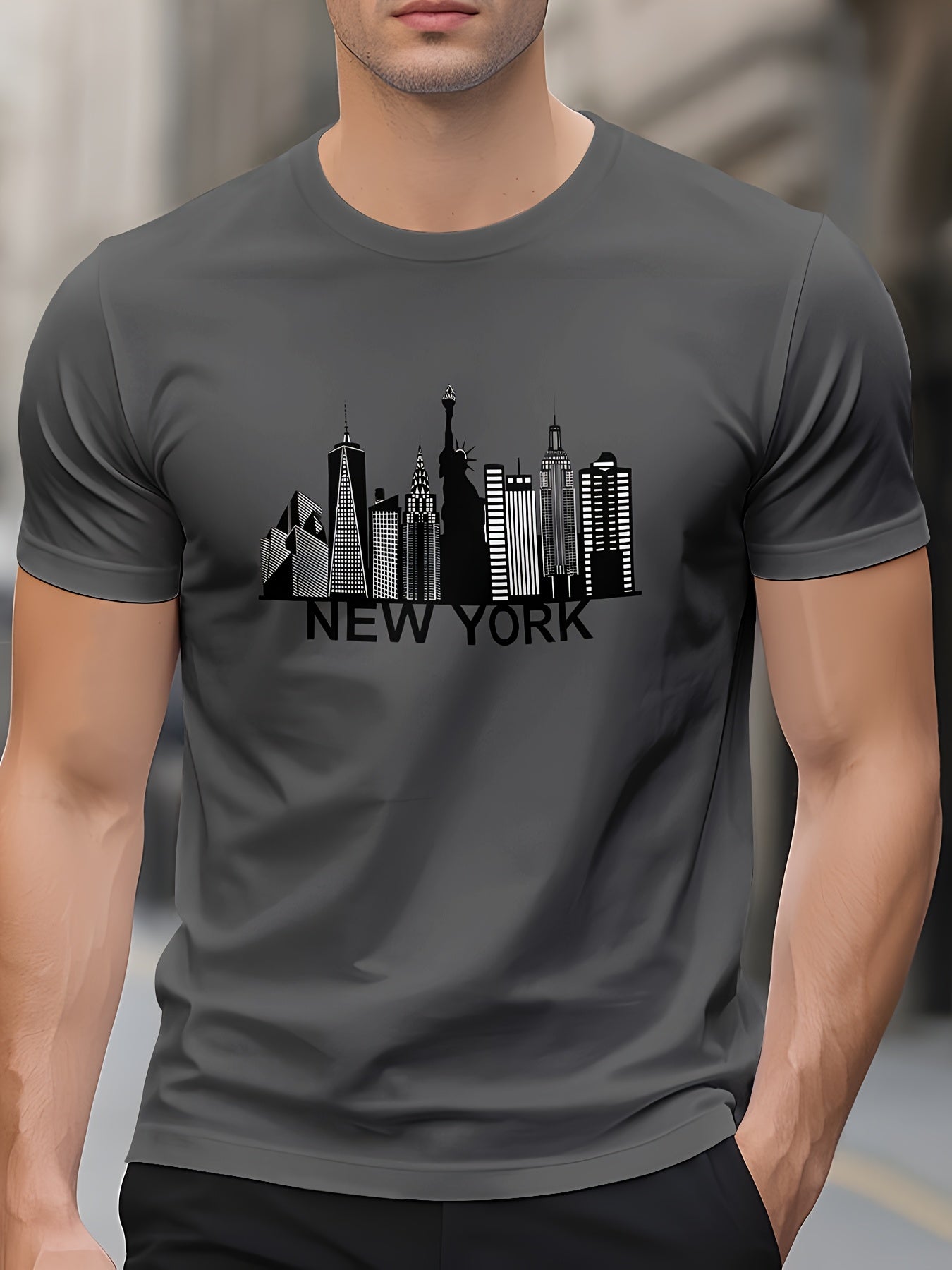 Men's Quick-Dry Summer T-Shirt with New York City Skyline Graphic Print - Breathable Moisture-Wicking Fabric, Regular Fit Round Neck Tee for Casual Outdoor Wear, Machine Washable, Comfortable Fit