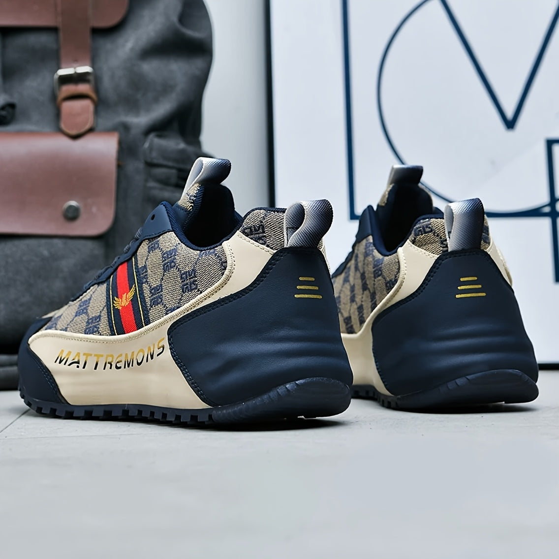 Men'S Luxury High-Top Sneakers - Stylish Black Beige Design with Golden Accents, Lace-Up Casual Shoes for Spring/Fall, Comfortable Fabric Upper Rubber Sole, Everyday Footwear Luxury Sneakers Rubber Sole Sneakers