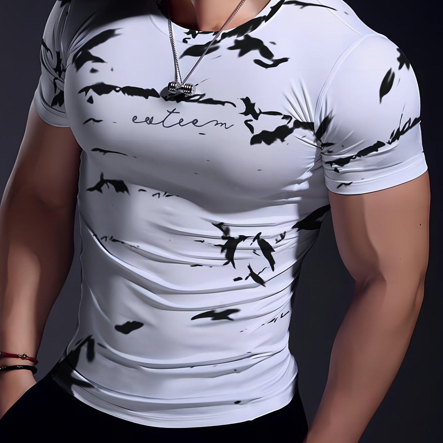 Men's High-Elasticity Anti-Tear Graffiti T-Shirt - Black White Geometric Print, Tight-Fit Athletic Top for Gym, Running, Yoga Casual Summer Wear, Gym Clothes, Highelastic Polyester, Short Sleeve Design