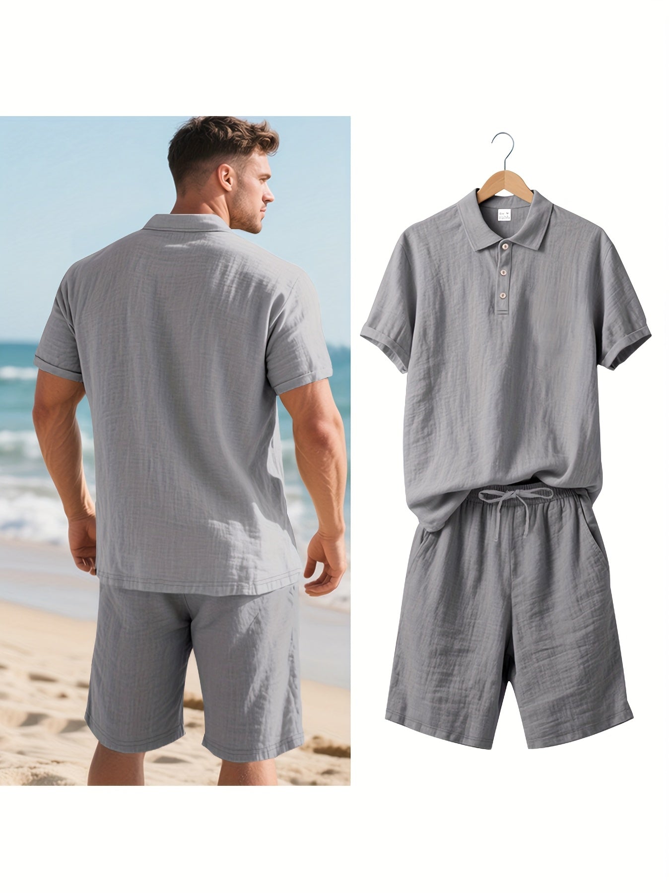 Essential for a Cool Summer! Men's Linen Shirt & Shorts Set, Comfortable Casual Outing Choice - Simple Beach Vacation Style Solid Color Linen