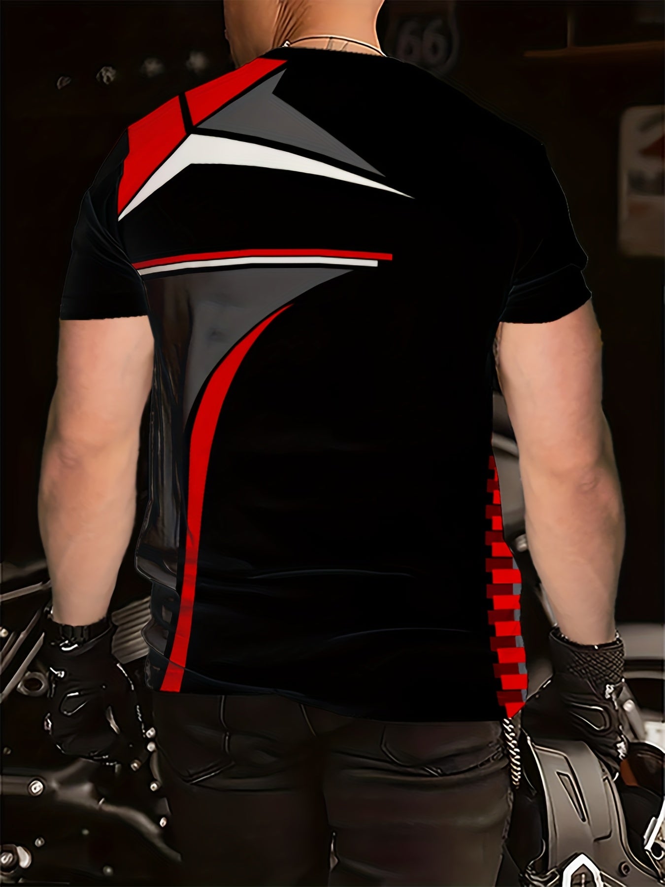 Men's Black 3D Geometric Print T-Shirt – Casual Short Sleeve Summer Tee with Red Gray Accents, Round Neck, Machine Washable for Outdoor Sports, Everyday Comfort, Durable Fabric