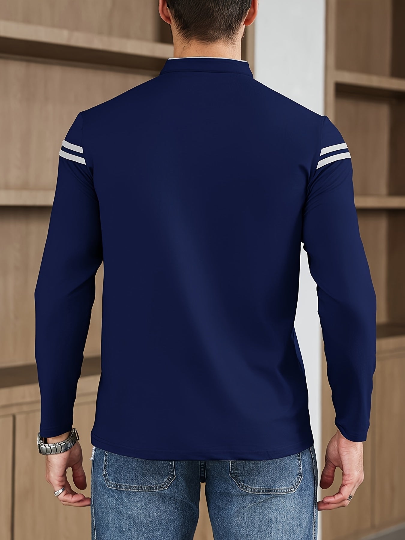 Men'S Casual Long Sleeve T-Shirt - Solid Color with Stand Collar Stripe Polo, Button-Up Front, Ideal for Outdoor Activities