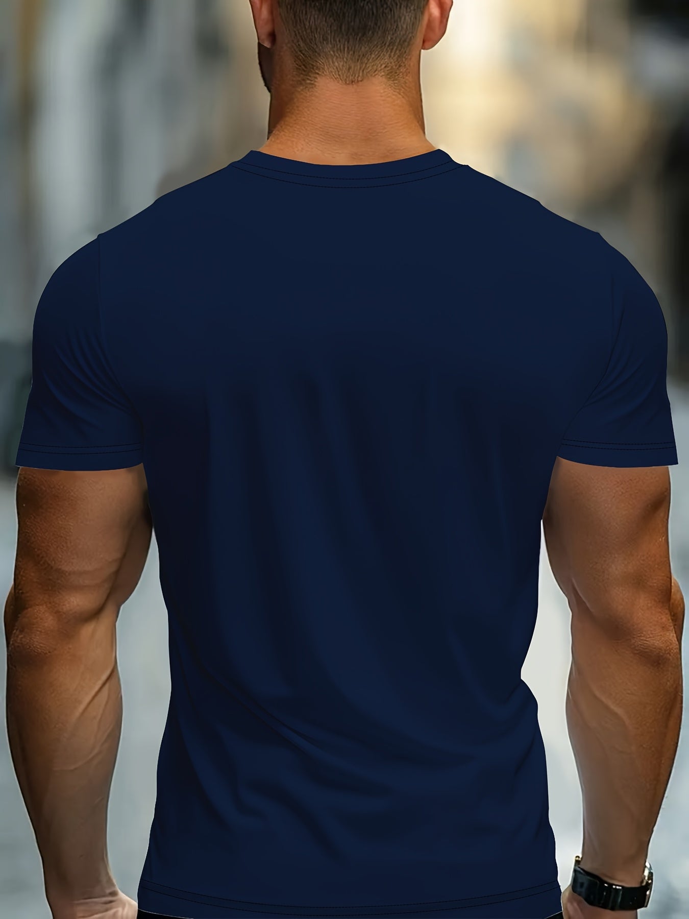 Men's Casual Short Sleeve T-Shirt with Paris Graphic Print - Navy Blue Relaxed Fit Round Neck Tee, Machine Washable for Casual Attire, Leisure Clothing, Classic Round Neck, Durable Casualwear, Weekend Attire, Simple Design, S