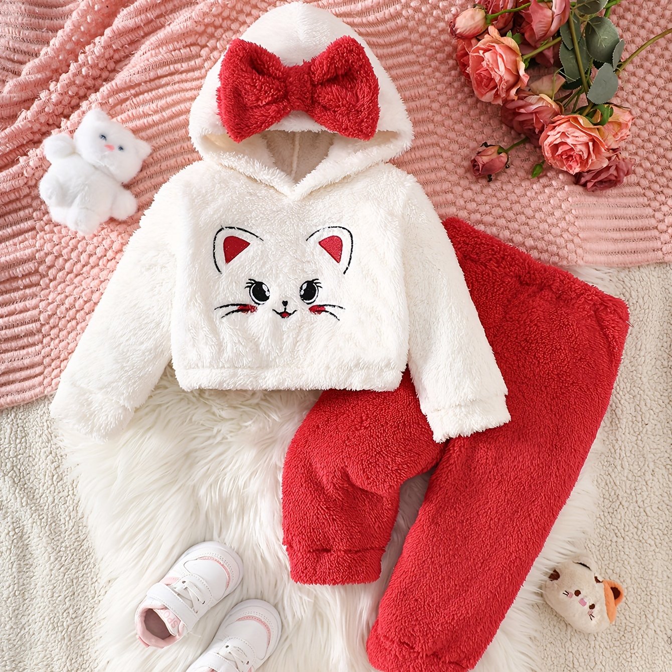 Girls' Cute Cartoon Cat Print Hooded Sweatshirt & Pants Set - Soft Plush Fleece, Pink &, Perfect for Outdoor Play & Daily Wear, Ideal Gift for Newborns, Outdoor Play Clothes, Playful Design, Comfortable Clothing, For Outdoor