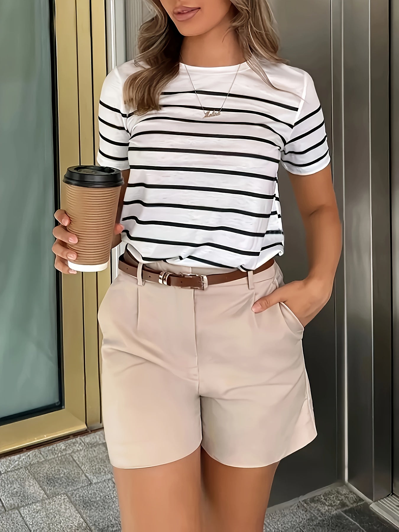 Women'S Y2K Green & White Striped T-Shirt - Casual, Versatile Top for Spring/Summer, Short Sleeve, Round Neck, Casual Attire | Casual Style | Glossy Finish