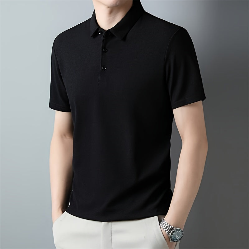Men's Solid Short Sleeve And Lapel Collar Henley Shirt, Casual And Comfy Sports Tops For Summer Golf Wear And Outdoors Activities