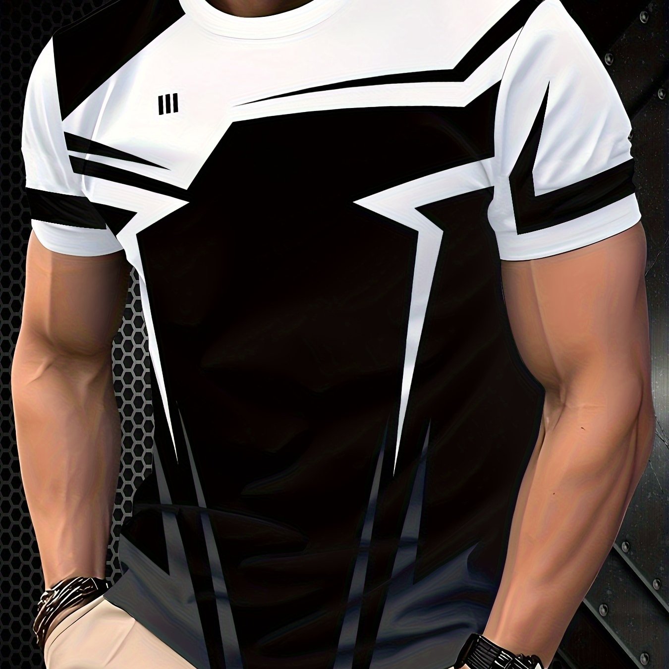 Men's Geometric Patchwork T-Shirt - Black White Contrast Design, Breathable 100% Polyester, Regular Fit Casual Summer Tee, Machine Washable