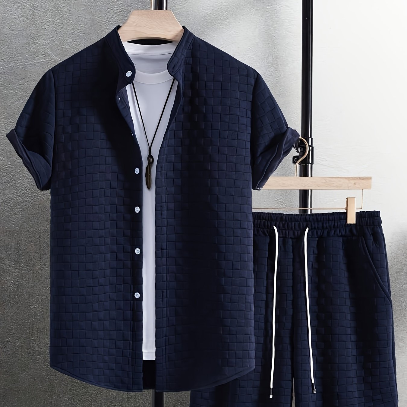 Men'S Casual Short Sleeve Button-Up Shirt & Shorts Set - Solid Black, Breathable Polyester Blend, Regular Fit for Summer, Everyday Comfort, Casual Summer Wear | Buttonup Shirt | Polyester Blend