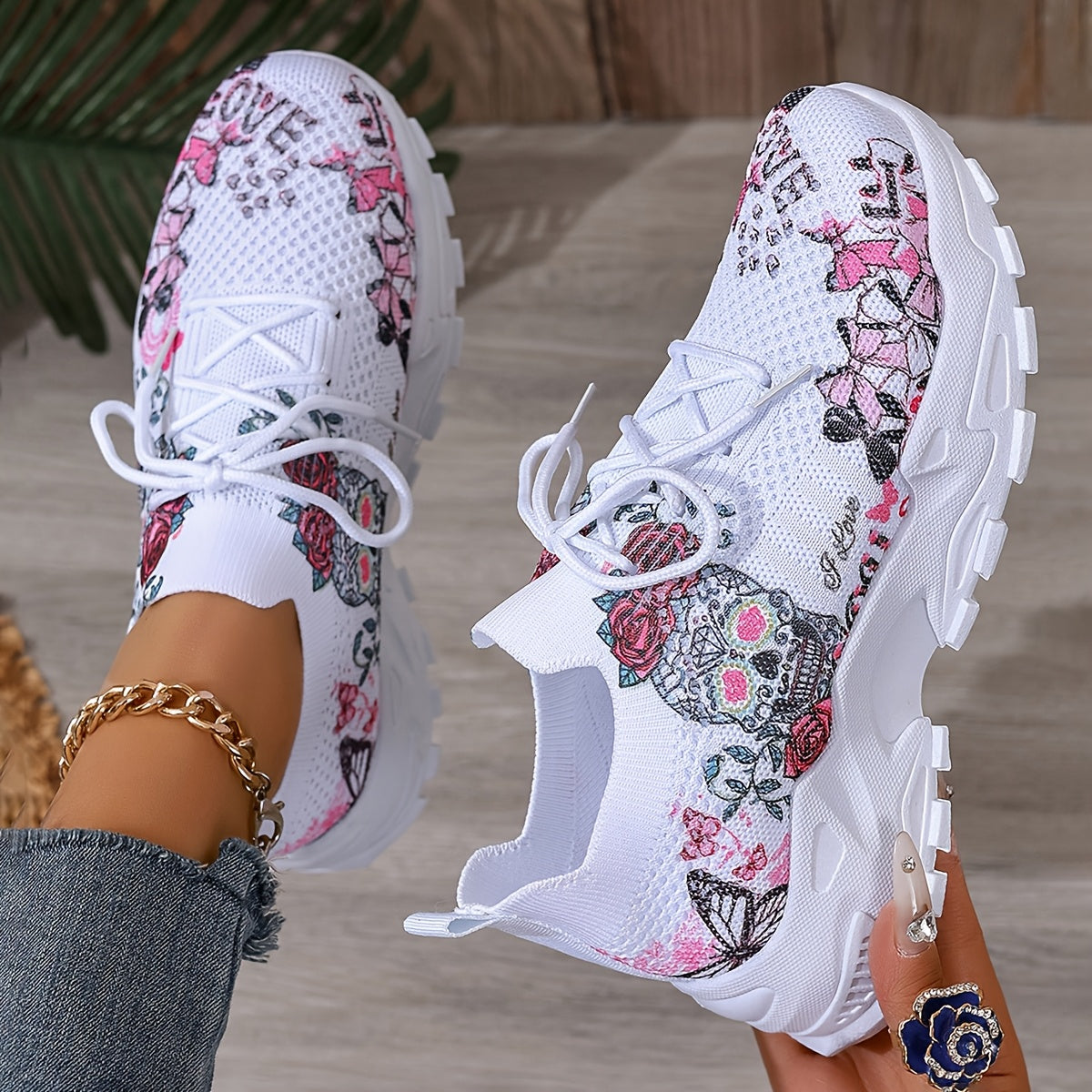 Women's Floral Skull Print Breathable Mesh Sneakers, Lightweight Low-Top Running Shoes with Soft PU Sole, Stylish Pink White Design for Casual Wear, Outdoor Travel Halloween Events, Allseason Footwear Japaneseinspired