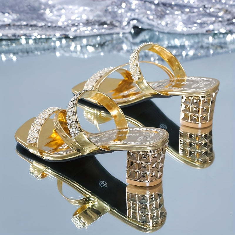 Elegant Women'S Summer Sandals - Sexy Open Toe with Glittering Square Toe, High Heel, and Rubber Sole for Outdoor Wear, Summer Footwear Chic Sandals Glossy Finish, Strappy Sandals