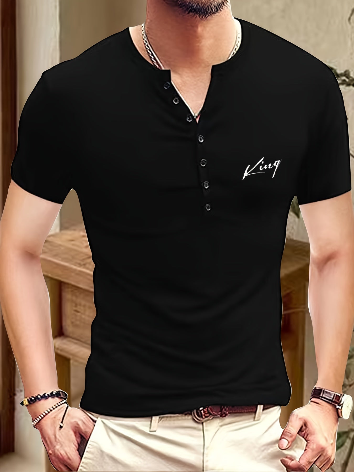 Cen Han Selection Men's Stretch Polyester-Spandex Blend Short Sleeve T-Shirt - Athletic Fit Small V-Neck Casual Top with Chest Logo Print for Summer Workouts Casual Attire