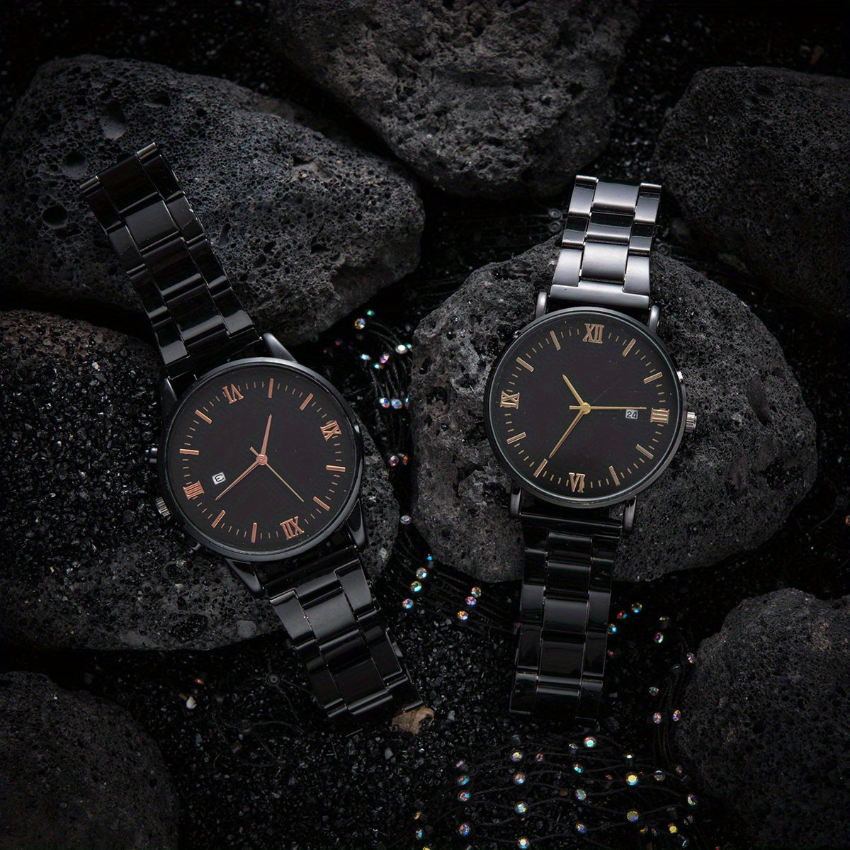 8pcs/set Men'S Black Minimalist Quartz Watch Set with Bracelet, Necklace, And Ring – Elegant Timepiece Gift Box for Casual And Formal Use, Box not included