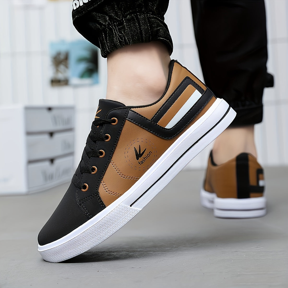 Athletic Chic Men's Fashion Sneakers YY-9003, Casual Sports Low Top Lace-Up Shoes with Striped Microfiber Synthetic Upper, Fabric Inner EVA Sole for Outdoor Running
