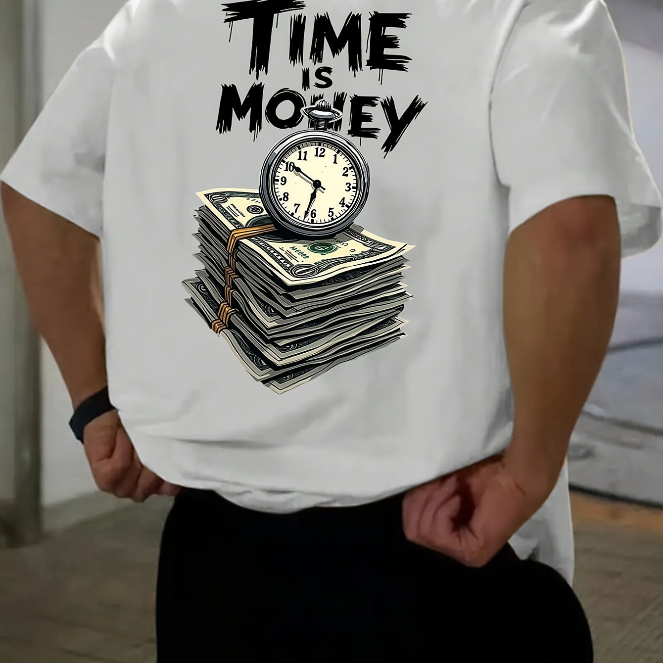 Men'S Casual Short Sleeve T-Shirt with "Time is Money" Clock Stack of Cash Graphic - Lightweight Polyester, Loose Fit, Round Neck, Perfect for Spring Summer Outdoor Wear, Relaxed Fit Shirt Bold Graphic Tee Glossy Text
