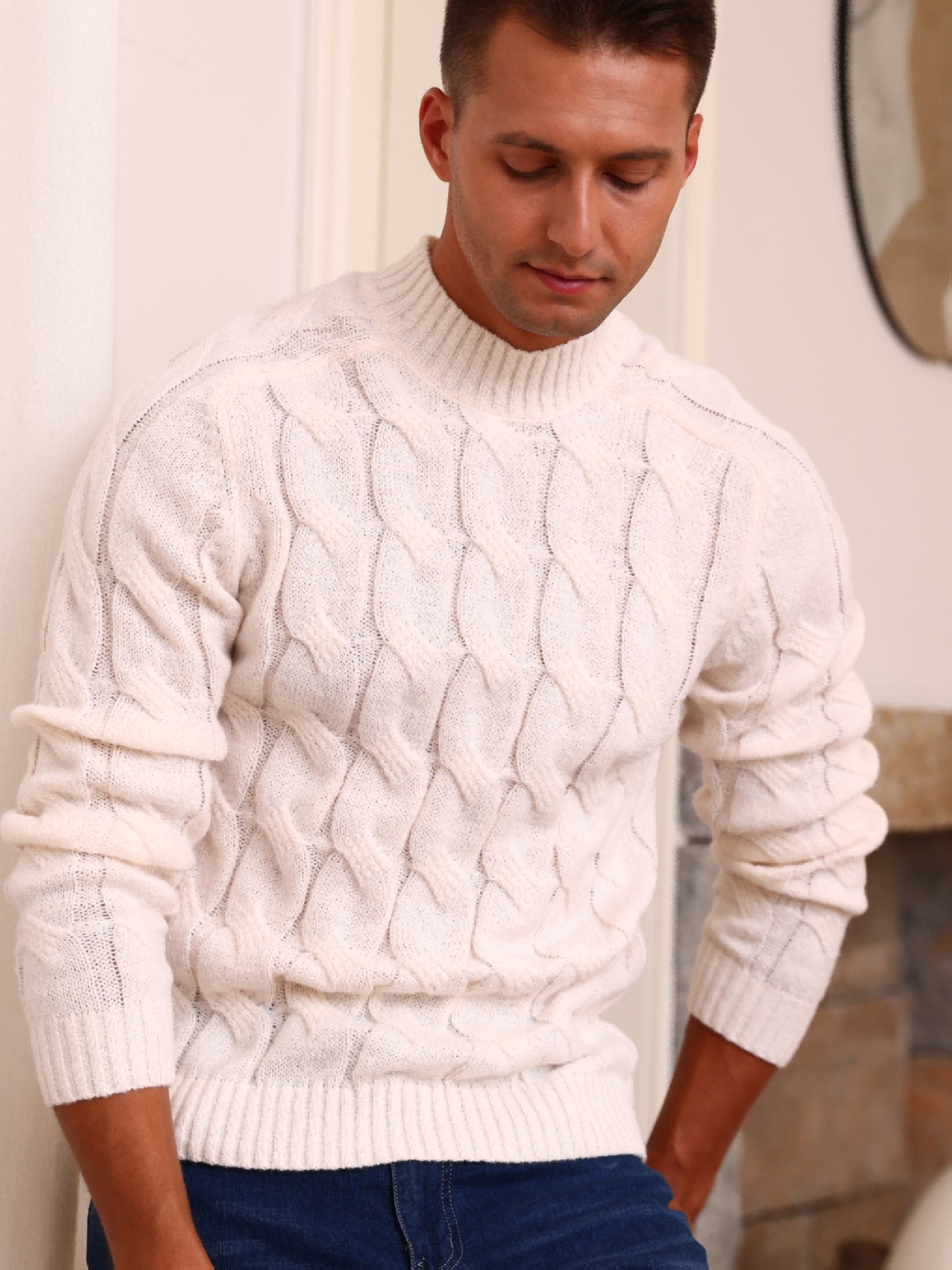 Autumn/Winter New Men's Warm High-Neck Pullover Knit Sweater, Business Casual Windproof Cable Knit Saddle Shoulder Sweater