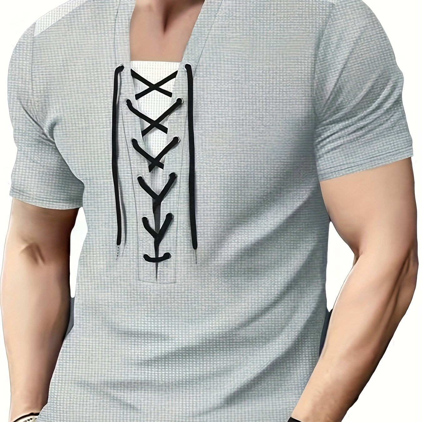 Men'S Casual Waffle Knit Short Sleeve T-Shirt with Drawstring Detail - Maroon Black, Round Neck, Breathable Polyester Fabric for Summer Outings, Casual Weekend Wear Round Neck Tee Stylish Contrast Stitchin