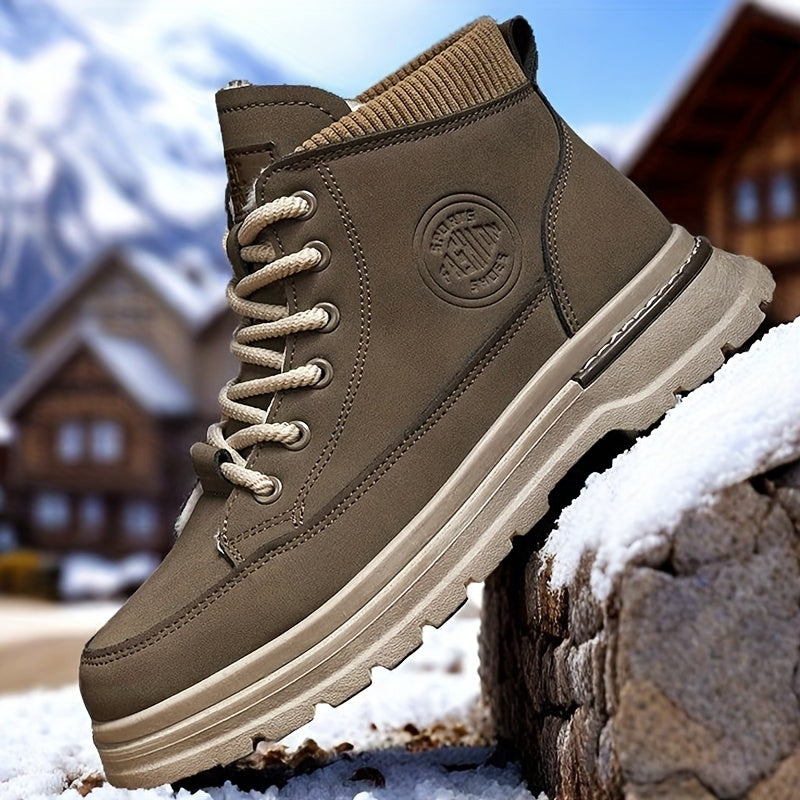 Men's Winter Snow Boots with -Like Collar & Thick Ankle - Upper, PVC Traction Tread, Lace-Up Ankle-High Trekking Boots for Ice, Snow, Hiking, - Warm Outdoor & Casual