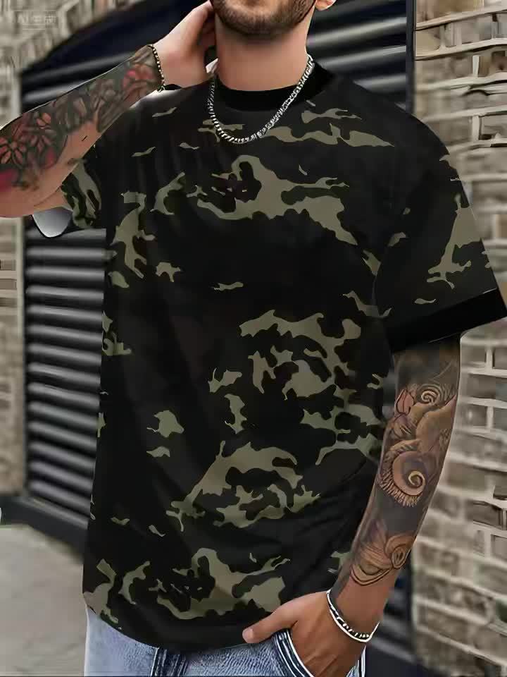 Men'S Camo Print T-Shirt - Short Sleeve, Regular Fit, Casual Style with Skull Floral Design, Black with Brown/Beige Camouflage Pattern, Perfect for Casual Attire, Everyday Tshirt Camo Print Tee Stretchable Fabric