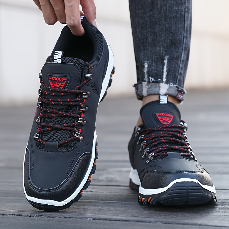 Men's Low-Top Lace-Up Outdoor Hiking Shoes, Durable Non-Slip Rubber Sole All-Season Sports Footwear with Plain Toe, PU Upper, Fabric Inner & Insole for Camping, Climbing - Black with Orange Accents, Allseason Sports Shoes | C