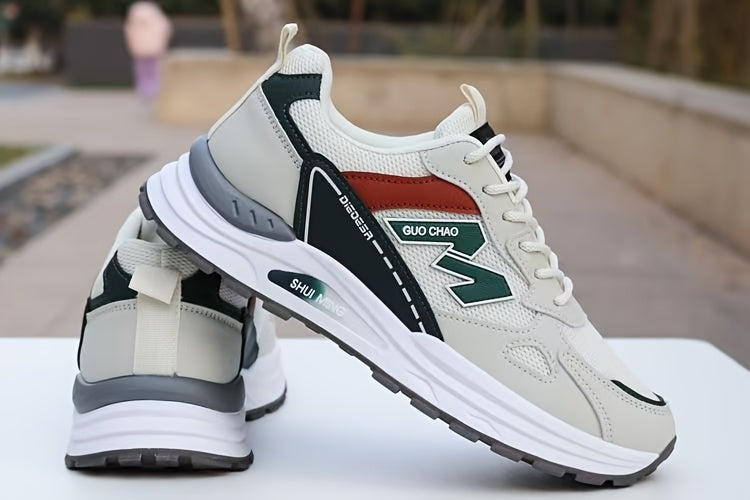 Men's Breathable Mesh Running Sneakers - Durable, Anti-Slip, Odor-Resistant Casual Shoes with Rubber Sole for Spring Fall, Low-Top Lace-Up Design in White, Black Green