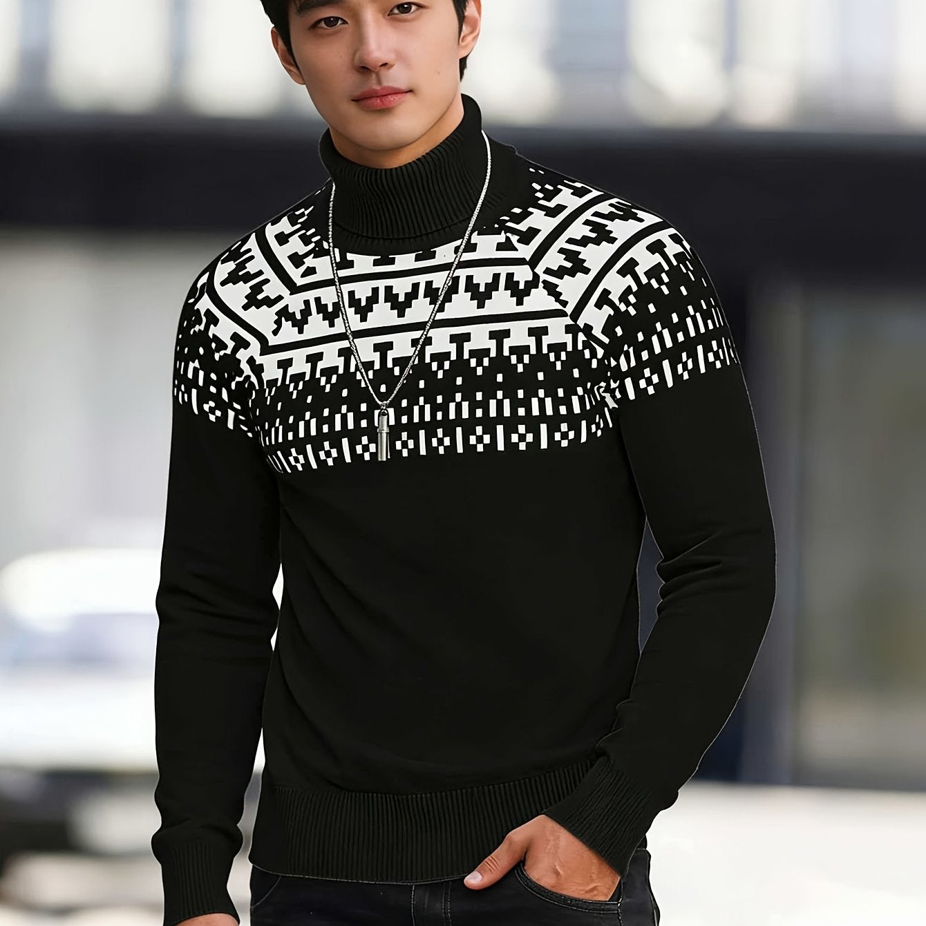 Men'S Solid Color Plaid Warm High-Neck Knitted Long-Sleeve Sweater for Casual Wear in Autumn And Winter