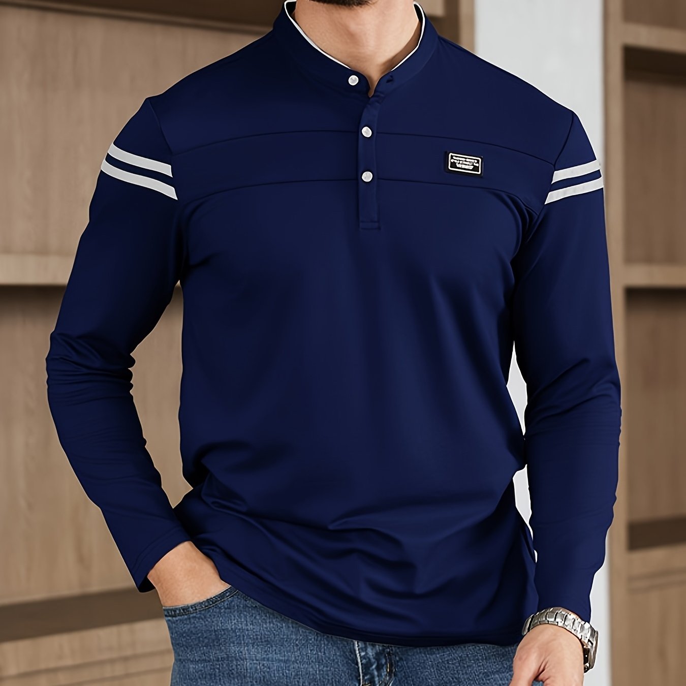 Men'S Casual Long Sleeve T-Shirt - Solid Color with Stand Collar Stripe Polo, Button-Up Front, Ideal for Outdoor Activities