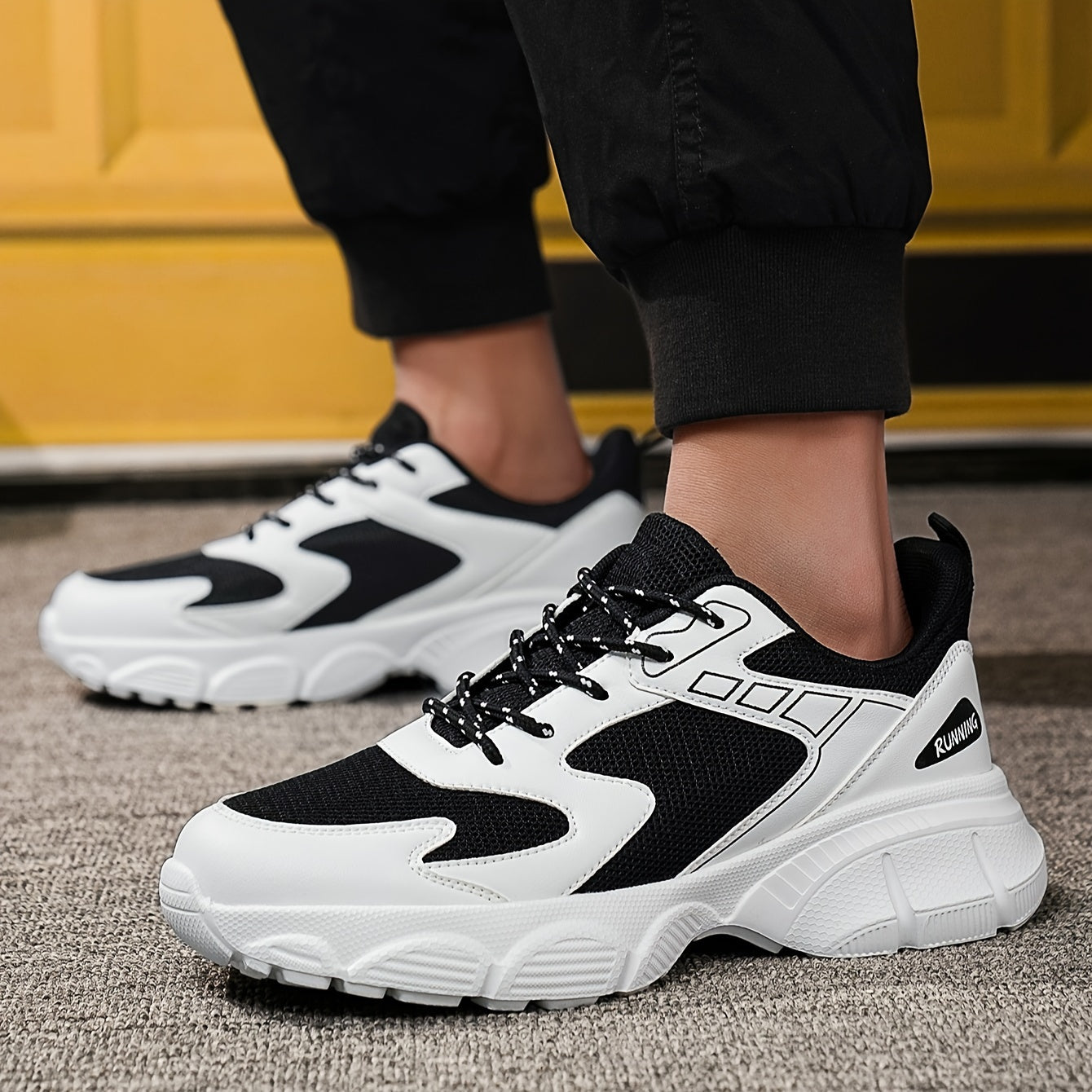 Men's Fashionable Black and White Sneakers - Retro Sports Shoes, Comfortable Outdoor Footwear