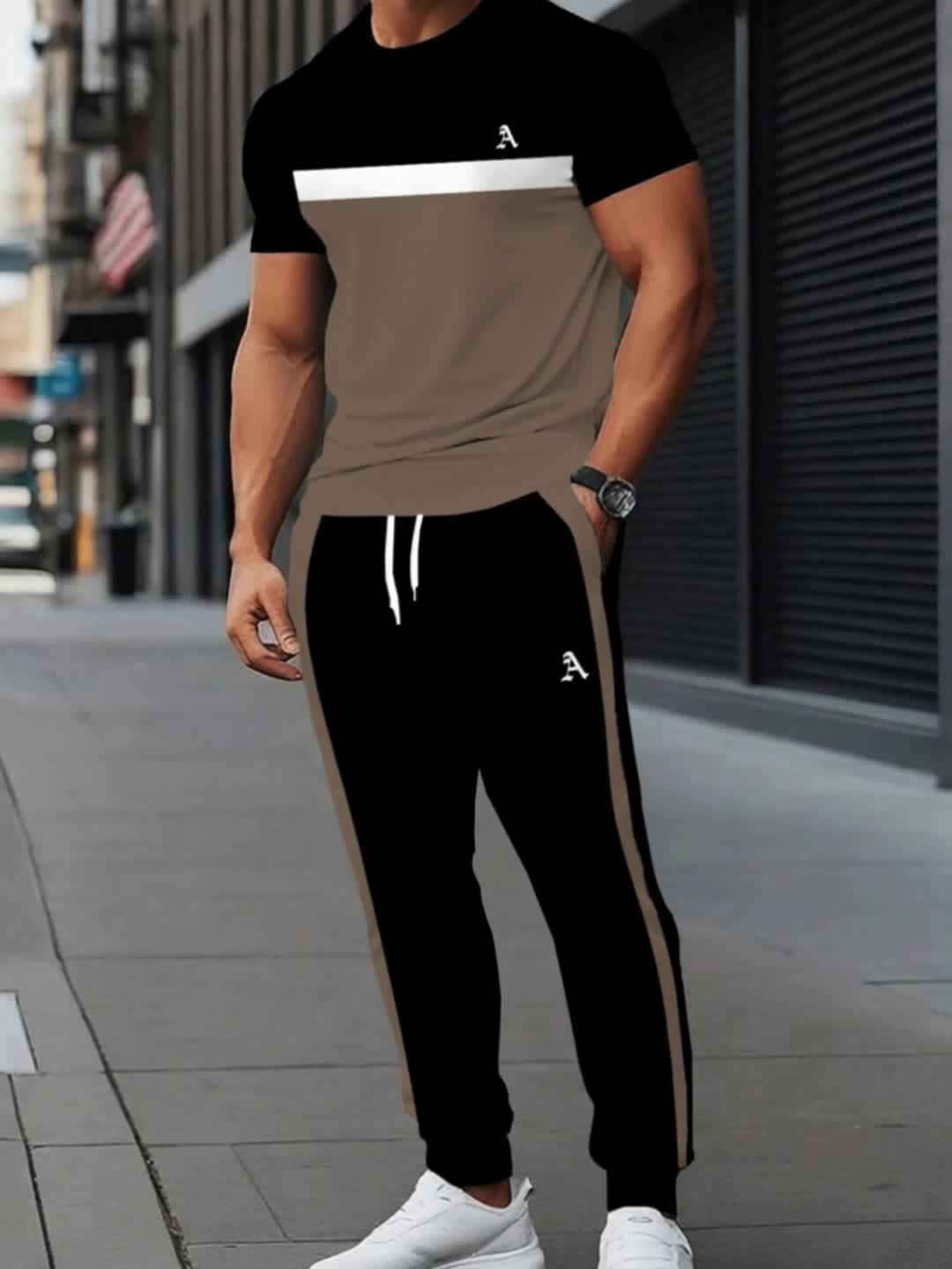 Men'S Polyester Sportswear | Elegant Casual Crew Neck | Slightly Stretchy Knit with Striped 3D Print | Regular Fit Two-Piece Set | Patterned Short Sleeve T-Shirt and Long Pants