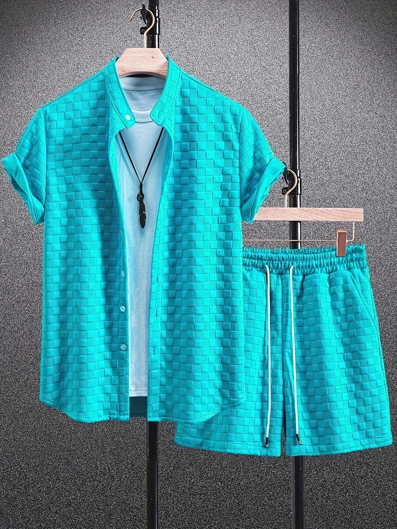Men'S Casual Short Sleeve Button-Up Shirt & Shorts Set - Solid Black, Breathable Polyester Blend, Regular Fit for Summer, Everyday Comfort, Casual Summer Wear | Buttonup Shirt | Polyester Blend