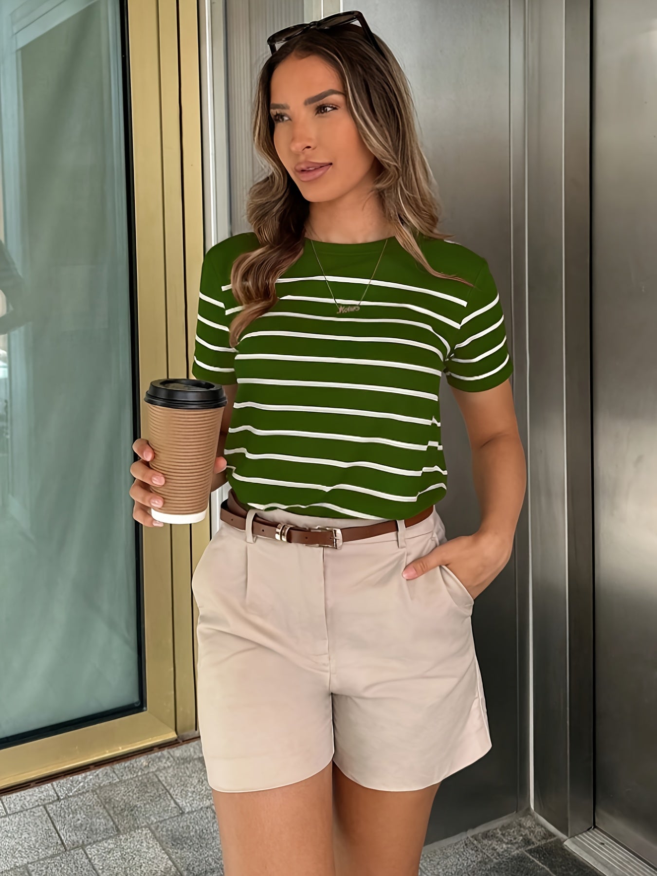 Women'S Y2K Green & White Striped T-Shirt - Casual, Versatile Top for Spring/Summer, Short Sleeve, Round Neck, Casual Attire | Casual Style | Glossy Finish