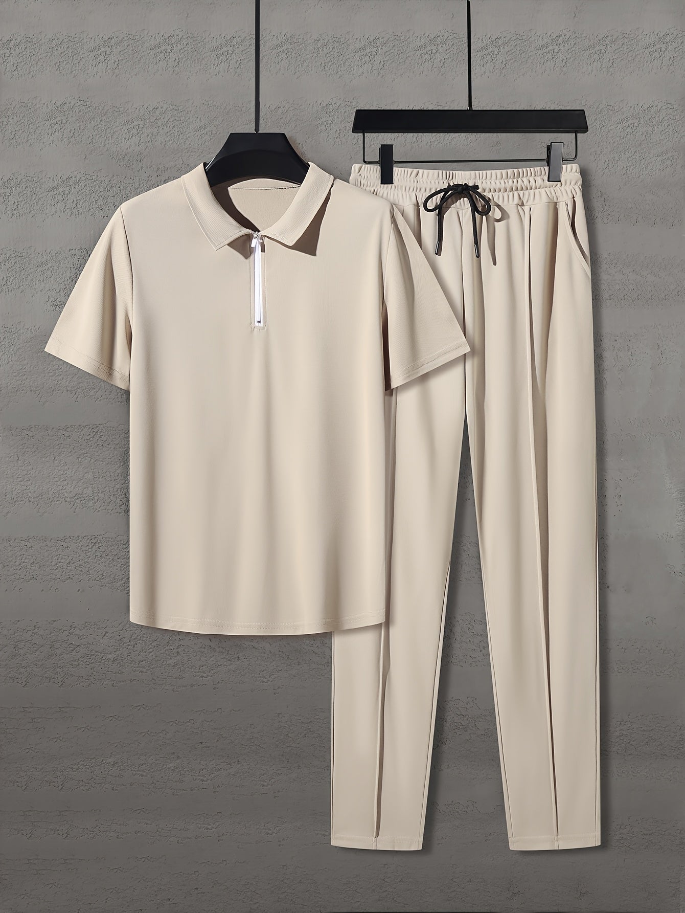 Men'S Summer Solid Color Trendy Casual Suit Collared Short Sleeve Long Pants Suit, Perfect for Outdoor