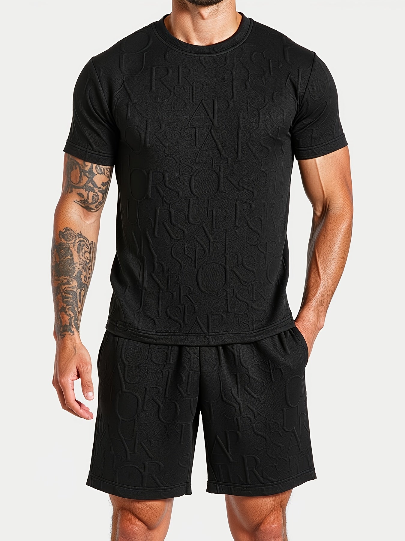 European and American Style Men's Fashion Set with Letter Pattern Round Neck Short Sleeve T-shirt + Shorts