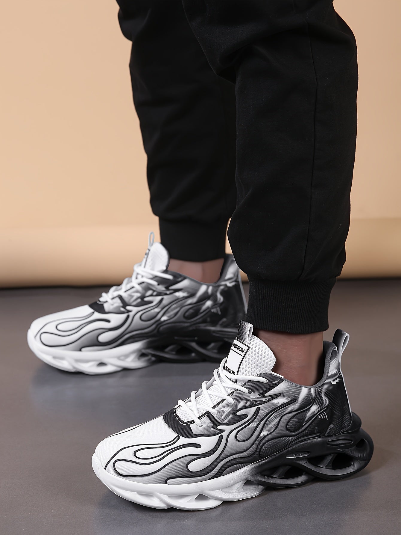 Trendy Black White Gradient Sneakers - Breathable Mesh, Thick Sole for Height Boost, Fashion Athletic Casual Running Shoes with Flame Design, Perfect for Students Casual Attire, High Top Sneakers
