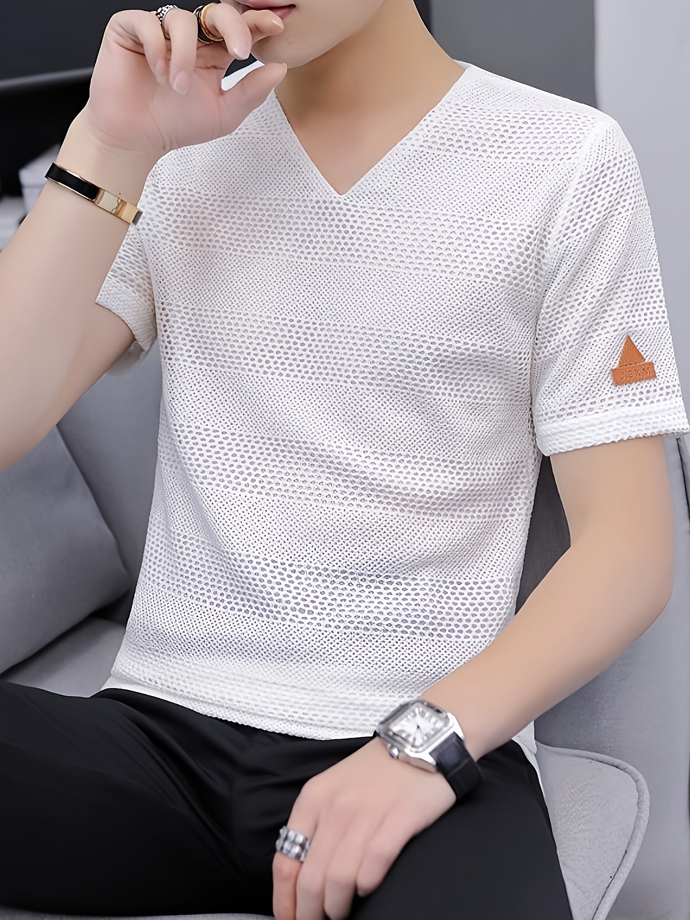 Men's Short-Sleeve T-Shirt Summer Hollow-Out Cool High-End Half Sleeve Breathable Non-See-Through