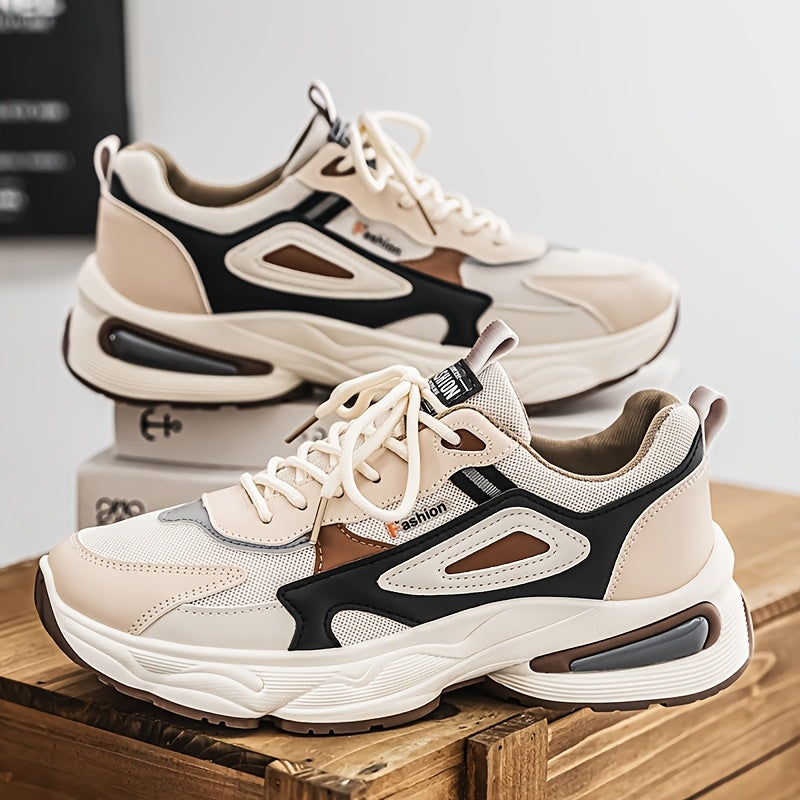 Men's Fashion Sneakers - White/Black/Brown PU Upper, Breathable Fabric Lining Cushioned EVA Insole, Durable PVC Sole, Lace-Up Mid-Top Design for All-Season Casual Daily Wear, High Top Sneakers, Versatile Footwear, Modern