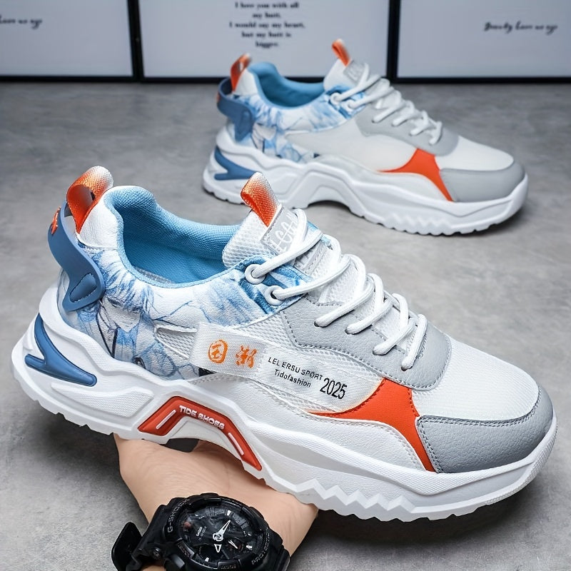 Men's Stylish Platform Sneakers with Wave Pattern - Comfortable, Non-Slip Durable for Outdoor, Campus Walks Travel Lace-Up, Breathable Design, for Autumn, Spring
